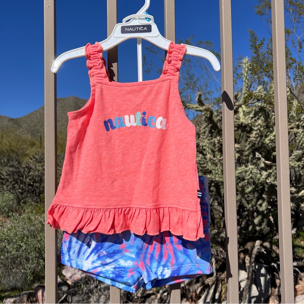 ⬇️💲Nautica NWT Girl’s 2Pc Tank Top & Shorts 24 Mos Color Salmon, Blue, White